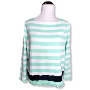 Crown & Ivy Stripe Fringe Hem Cotton Knit Top Navy Mint Size Medium